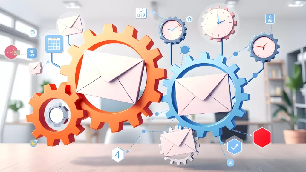 A conceptual representation of email marketing automation, featuring envelopes and gears interconnected with digital lines in a bright office space.