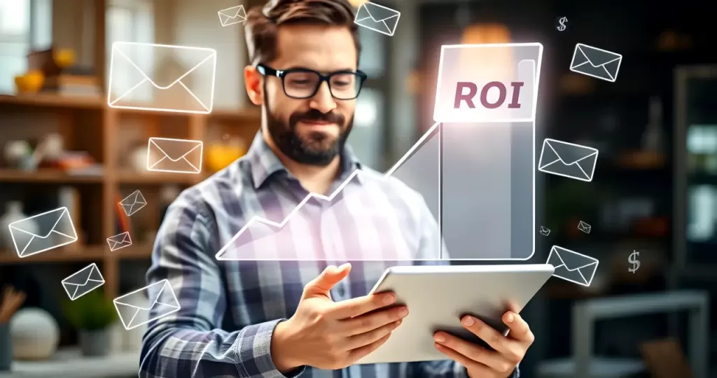 A man using a tablet while analyzing an upward ROI graph surrounded by floating email icons, symbolizing the success of email marketing campaigns in driving returns.