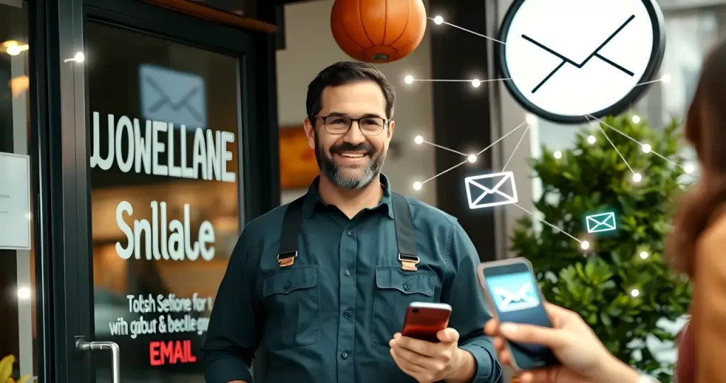 A cheerful business owner standing outside a shop, holding a smartphone, surrounded by connected email icons symbolizing digital marketing growth.