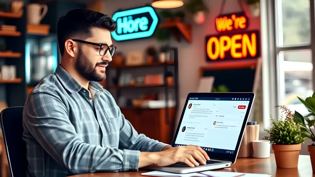 A man working on his laptop in a cafe with "We’re Open" and "Hope" neon signs in the background, illustrating a casual and creative workspace.