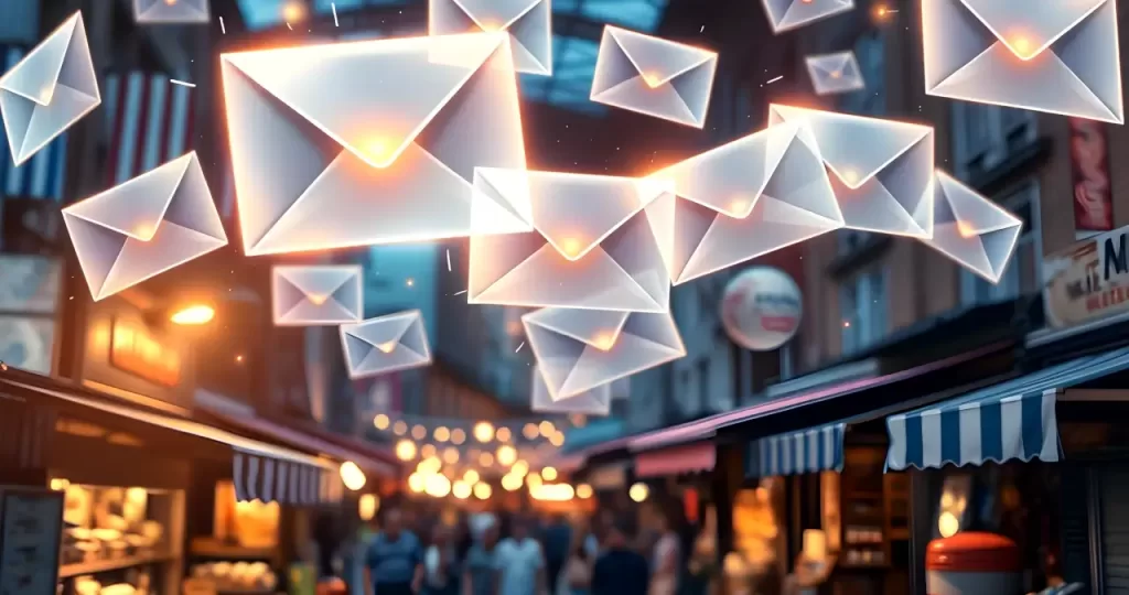 A conceptual illustration of glowing email icons floating above a bustling marketplace, symbolizing the integration of email marketing in everyday commerce.