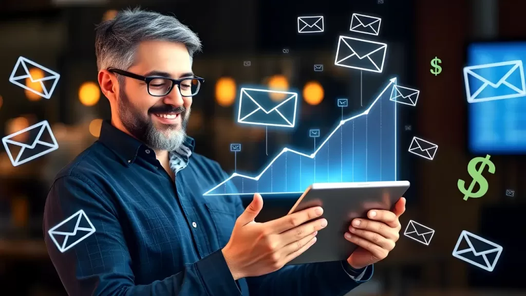 A man with glasses smiling while holding a tablet, visualizing an upward email marketing graph with floating email icons and dollar symbols.