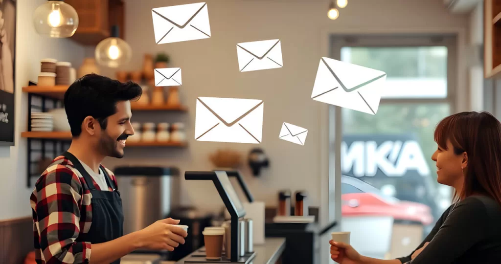 A cheerful barista and a smiling customer share a conversation in a cozy café, with floating email icons symbolizing digital communication and connection.